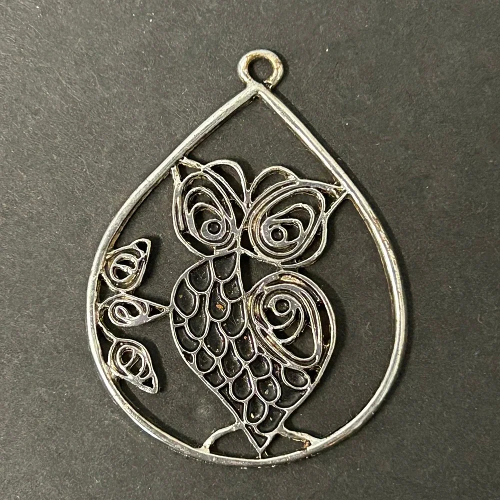 Owl Pendant Silver Filigree Teardrop Openwork